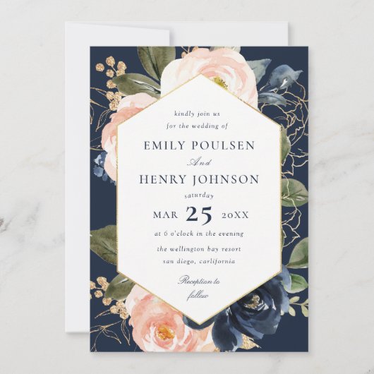 Bloemenmarine & blozen waterverf bruiloft kaart (Voorkant)