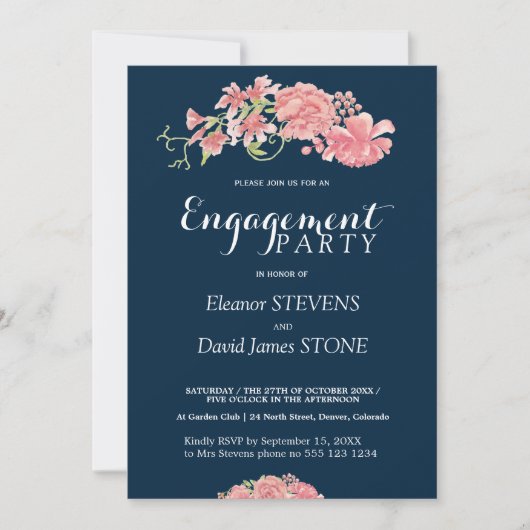 Bloemenmarine en blush verlovingsfeest uitnodigen kaart (Voorkant)