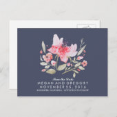 Bloemenmarine en roze waterverf sparen de datum aankondigingskaart (Voorkant / Achterkant)