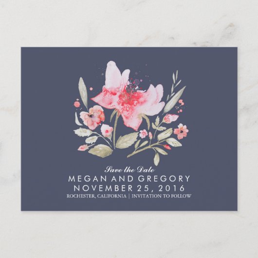 Bloemenmarine en roze waterverf sparen de datum aankondigingskaart (Voorkant)