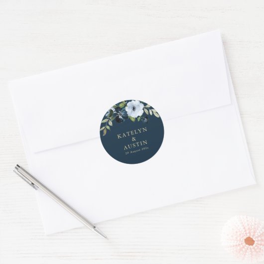 Bloemenmarine & gouden bruiloft ronde sticker (Envelop)