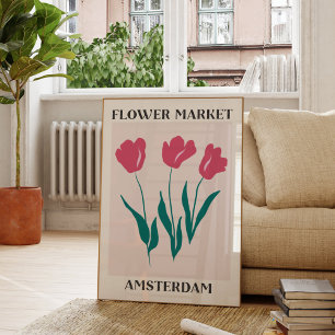 Bloemenmarkt Amsterdam Roze Tulpen Bloemstuk Poster