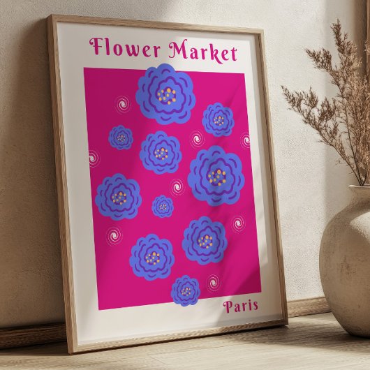 Bloemenmarkt Parijs Fuchsia & Blauw Levendig Bloem Poster