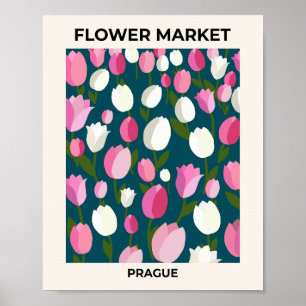Bloemenmarkt Praag Tulpen Navy blauw en roze Poster