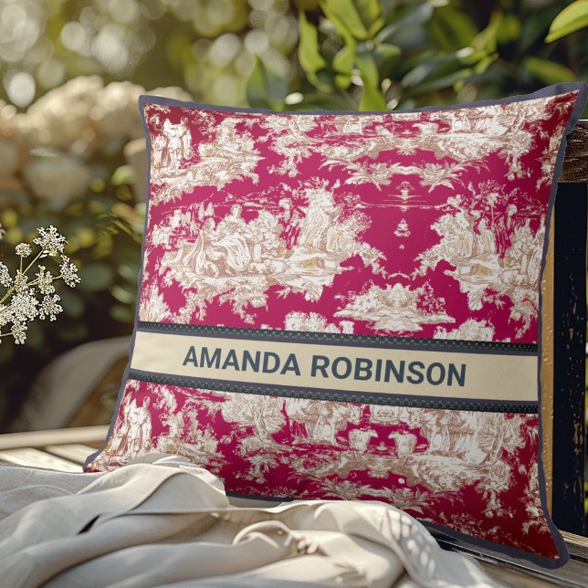  bloemenmeertje rood toile de jouy monogram kussen (Creator heeft geüpload)