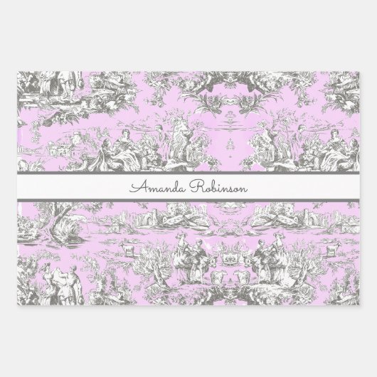  bloemenmeertje roze toile de jouy monogram inpakpapier vel (Voorkant 3)