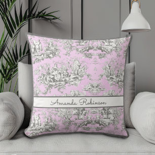 bloemenmeertje roze toile de jouy monogram kussen