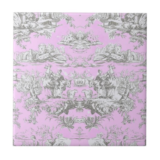  bloemenmeertje roze toile de jouy monogram tegeltje (Voorkant)