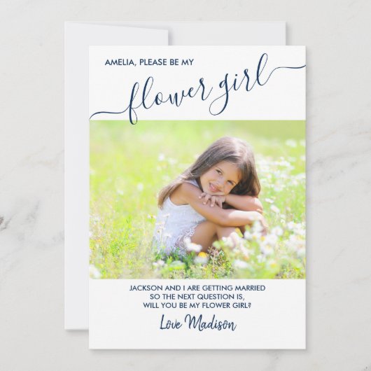 Bloemenmeisje Blauw en Wit Foto Aanzoekkaart Kaart (Voorkant)