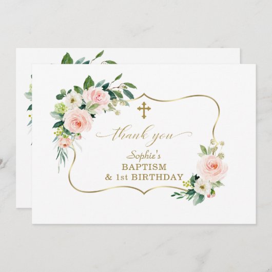 Bloemenmeisje Bloesemt Roze Goud 1e Verjaardag Doo Bedankkaart (Voorkant / Achterkant)