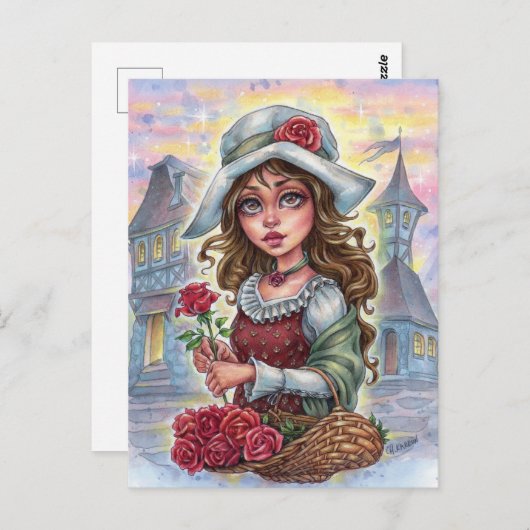 Bloemenmeisje Briefkaart middeleeuwse Sprookjessta (Voorkant / Achterkant)