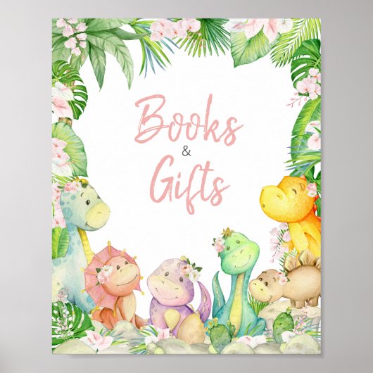 Bloemenmeisje dinosaurus Baby shower boeken en ges Poster (Voorkant)