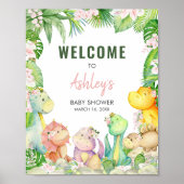 Bloemenmeisje dinosaurus Baby shower welkom Poster (Voorkant)