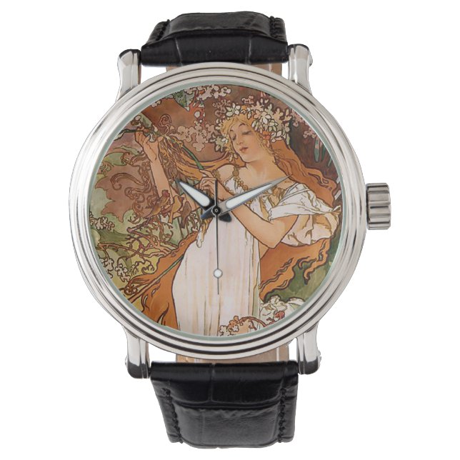 Bloemenmeisje door Alphonse Mucha Horloge (Voorkant)