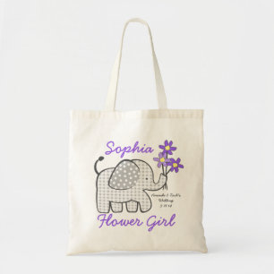 Bloemenmeisje Gingham Elephant met Bouquet Paars Tote Bag