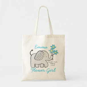 Bloemenmeisje Gingham olifant met boeket blauw Tote Bag