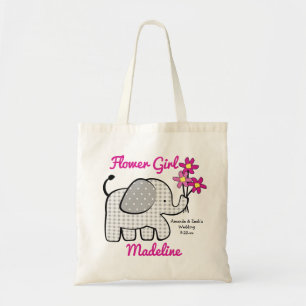 Bloemenmeisje Gingham olifant met boeket roze Tote Bag