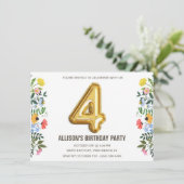 Bloemenmeisje kind 4e ballon verjaardagsfeestje kaart (Staand voorkant)