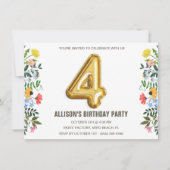 Bloemenmeisje kind 4e ballon verjaardagsfeestje kaart (Voorkant)