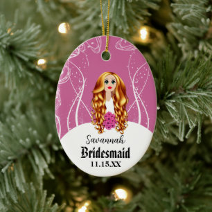 Bloemenmeisje of Bridesmaid Pink Redhead Wedding Keramisch Ornament