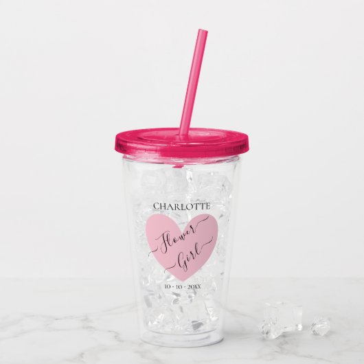 Bloemenmeisje Pink Heart Bridal Party - Gepersonal Acryl Drinkbeker (Achterkant ijs)