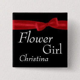 Bloemenmeisje Red Bow Wedding Aangepaste naam Vierkante Button 5,1 Cm