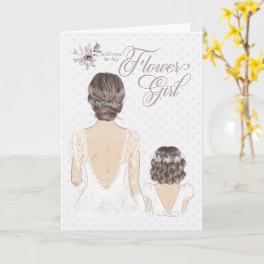 Bloemenmeisje Request Wedding Bride and Girl Taupe Kaart (Gele Bloem)