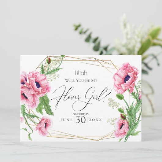 Bloemenmeisje | Roze Aquarel Klaprozen Kaart (Staand voorkant)