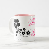 Bloemenmeisje roze zwart tweekleurige koffiemok (Voorkant links)