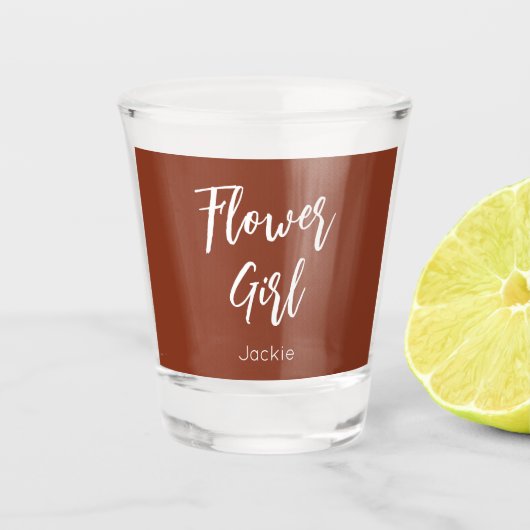 Bloemenmeisje Terracotta Brown Wedding Shot Glas (Voorkant)