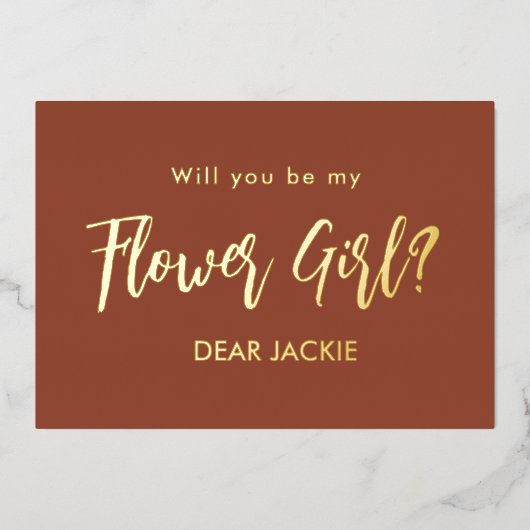 Bloemenmeisje Terracotta Bruidsmeisje Voorstel  Folie Uitnodiging (Voorkant)