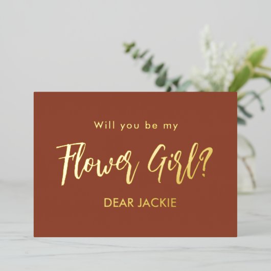 Bloemenmeisje Terracotta Bruidsmeisje Voorstel  Folie Uitnodiging (Staand Voorkant)
