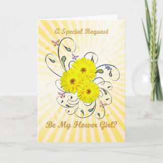 Bloemenmeisje uitnodiging, gele bloemen bedankkaart