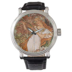Bloemenmeisje van Alphonse Mucha Horloge