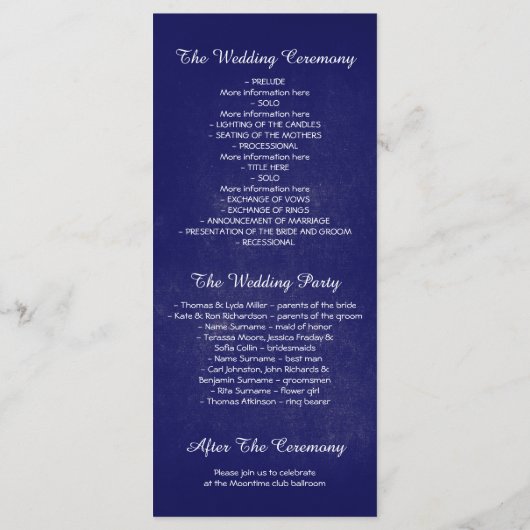 Bloemenmetselaar Jar Royal Blue bruiloft programma Programmakaart (Achterkant)