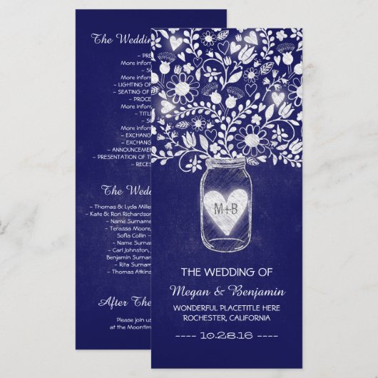 Bloemenmetselaar Jar Royal Blue bruiloft programma Programmakaart (Voorkant / Achterkant)