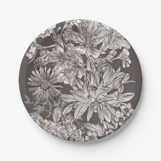 bloemenmodern ivoor & grijs rustieke bruiloft papieren bordje (Voorkant)