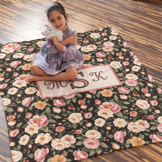  bloemenmonogram Blush Pink Roses Fleece Deken