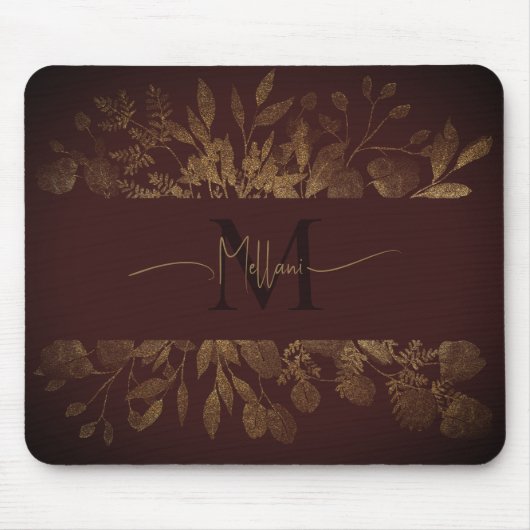  bloemenmonogram Girly Brown & gouden glitter Muismat (Voorkant)