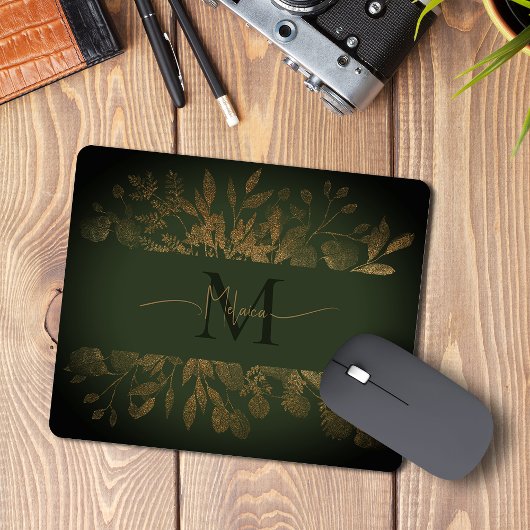 bloemenmonogram Girly Green & Gold glitter Muismat