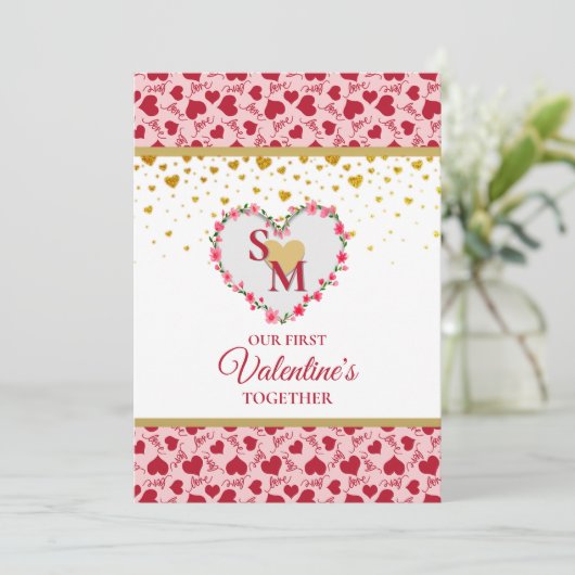 Bloemenmonogram Valentijnsdag met gouden hart (Staand voorkant)