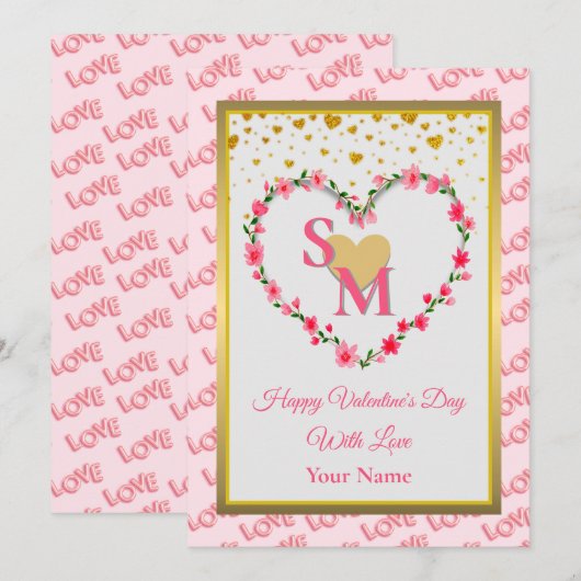 Bloemenmonogram Valentijnsdag met gouden hart (Voorkant / Achterkant)