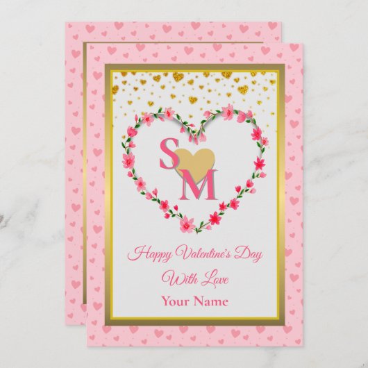 Bloemenmonogram Valentijnsdag met gouden hart (Voorkant / Achterkant)