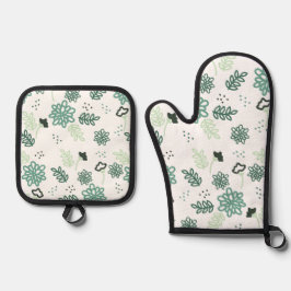 Bloemenmotief blauw ovenwant & pannenlap set