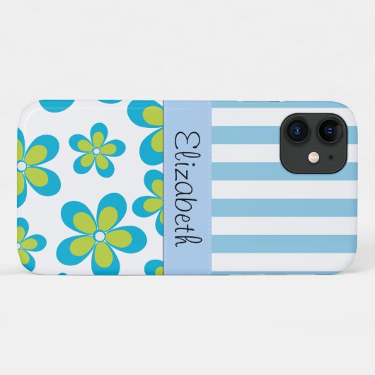 bloemenmotief, blauwe strepen, Jouw naam Case-Mate iPhone Case (Achterkant (horizontaal))