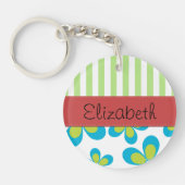 bloemenmotief, groene strepen, Jouw naam Sleutelhanger (Voorkant)
