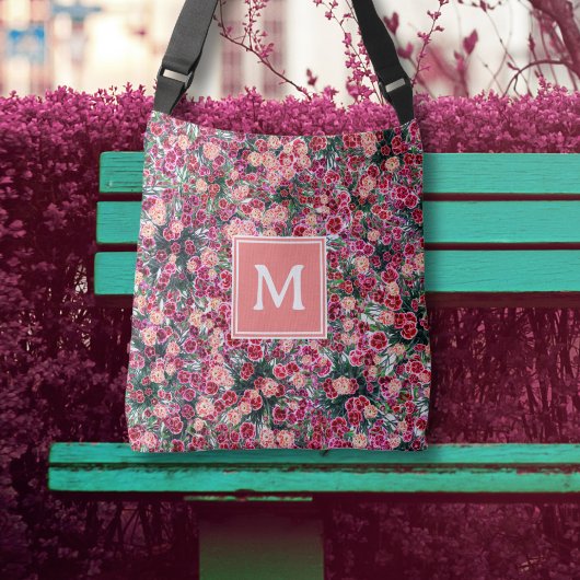 Bloemenmotief roze rode perzik monogram canvas tas