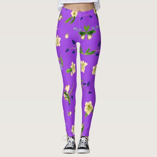 Bloemenmotief zomer op heldere paarse achtergrond leggings (Voorkant)