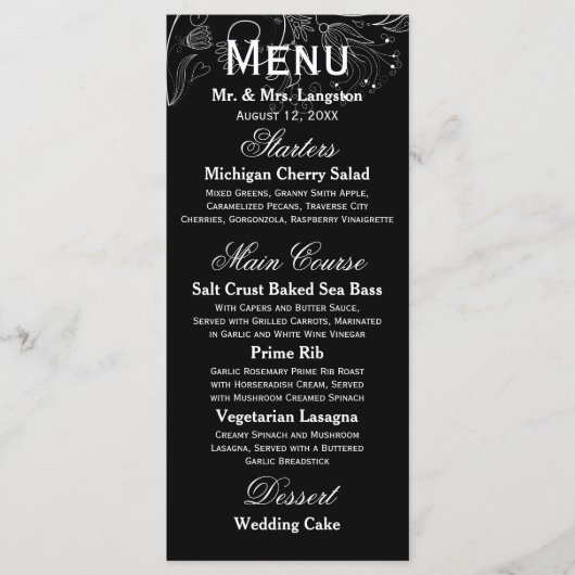 Bloemenmotief Zwart/Wit Tulp - Receptie Menu (Voorkant)