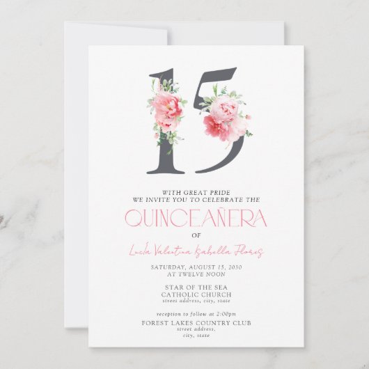 Bloemennummer 15 Roze Elegant QR Quinceañera Kaart (Voorkant)